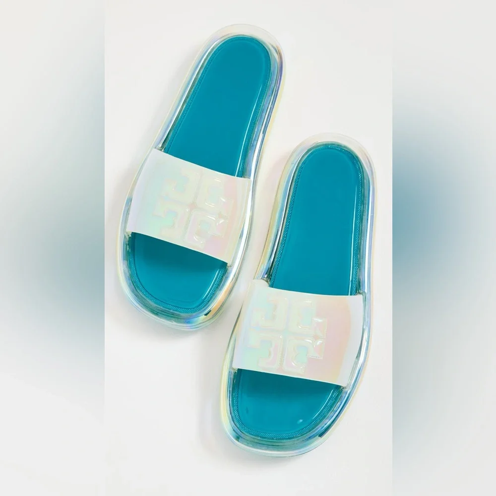 Tory Burch Iridescent White Strap Teal Footbed Slide Sandals